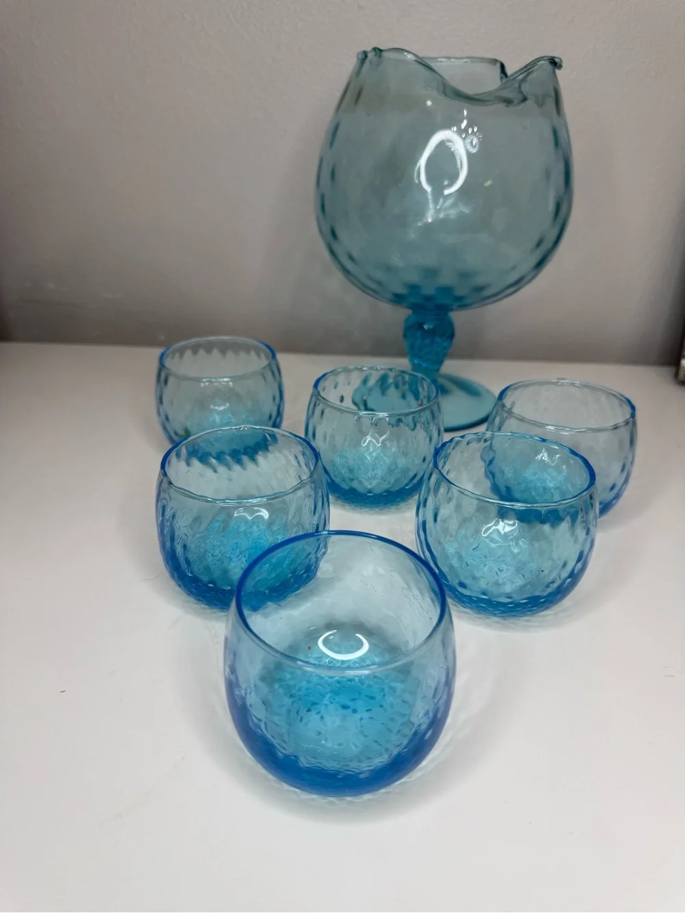 Vintage Italian Empoli Aqua Blue Glass Brandy Snifter Set 6 Cups MCM